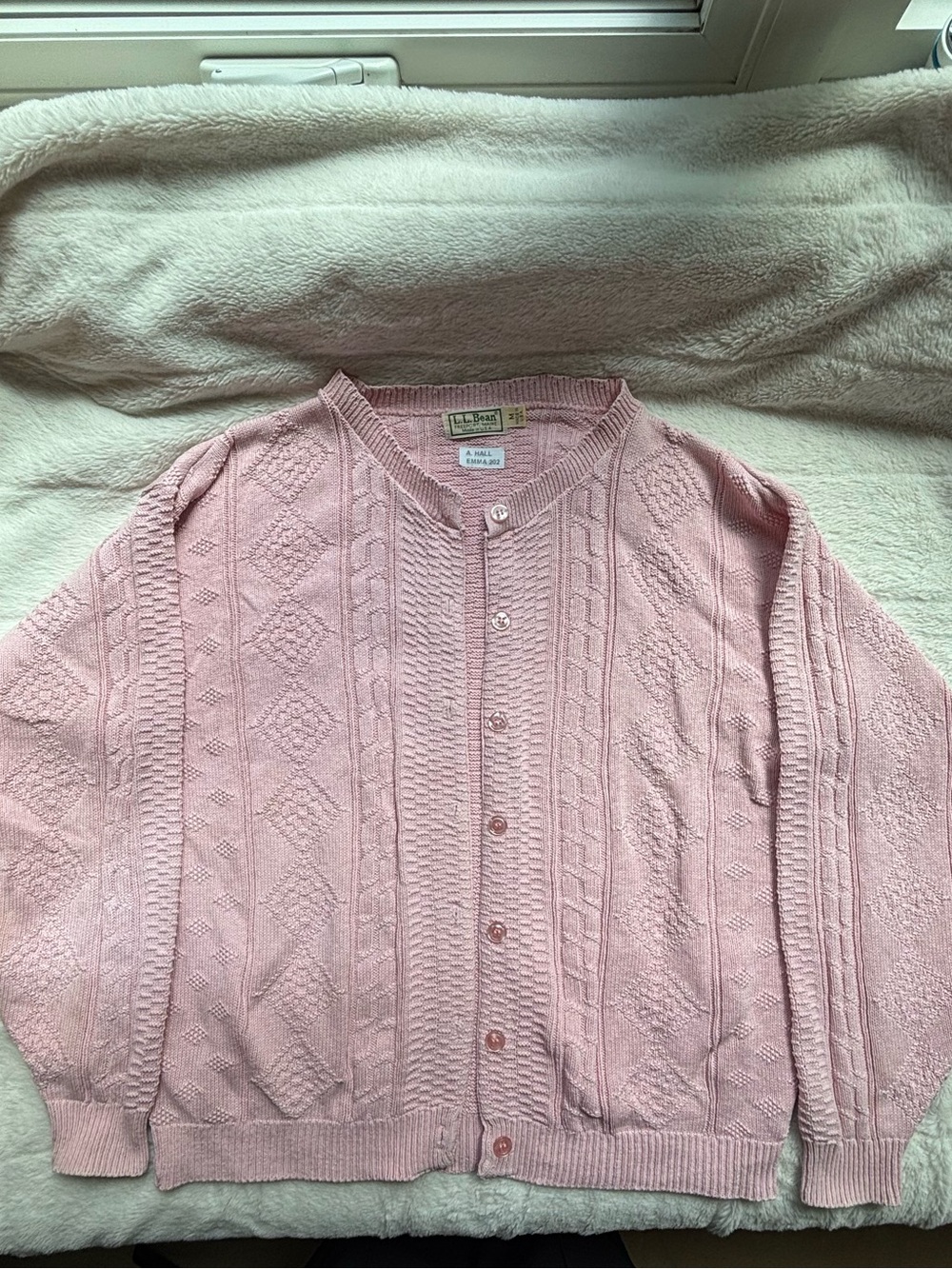 Vintage L.L. Bean Made in USA Pastel Pink Cotton Cable Knit Cardigan Size M